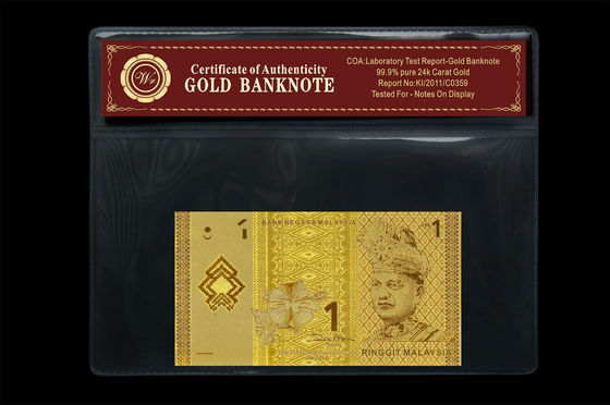 Gorgeous Uwaga Malezja 1 Ringgit 24k Złoto Banknot z plastikowym uchwytem