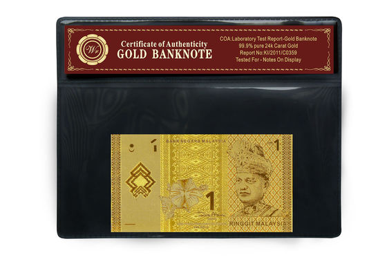Gorgeous Uwaga Malezja 1 Ringgit 24k Złoto Banknot z plastikowym uchwytem