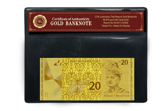 Malezja 20 Ringgit Tłoczone w 24 Karat czystego złota Banknot Plastikowe oprawki pakietu